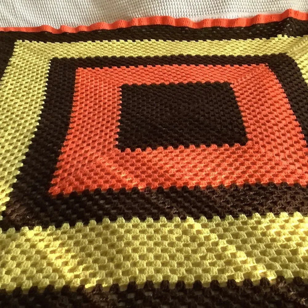 Handmade Blanket‎ Crochet Afghan Throw Brown Yellow Orange 62x56